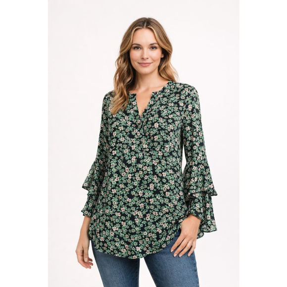 Vince Camuto Tops - Vince Camuto Floral Bell Sleeve Blouse Size M Black Green Boho Ruffle Sleeve Top
